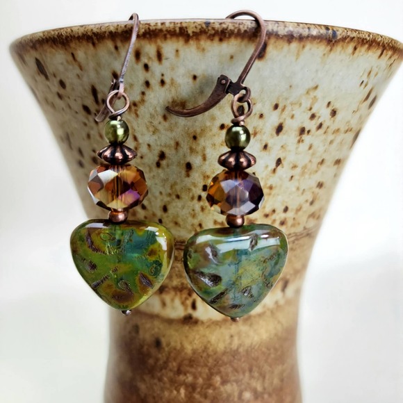 Earthy Green Triangle Earrings, Handmade - Picture 3 of 9